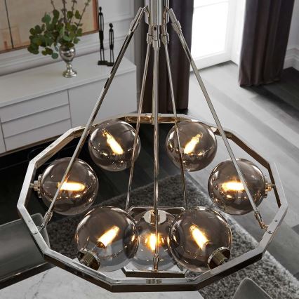 Quintiesse - Lámpara colgante con varilla HARPER 7xE14/60W/230V Ø 81,3 cm cromo brillante/cristal ahumado