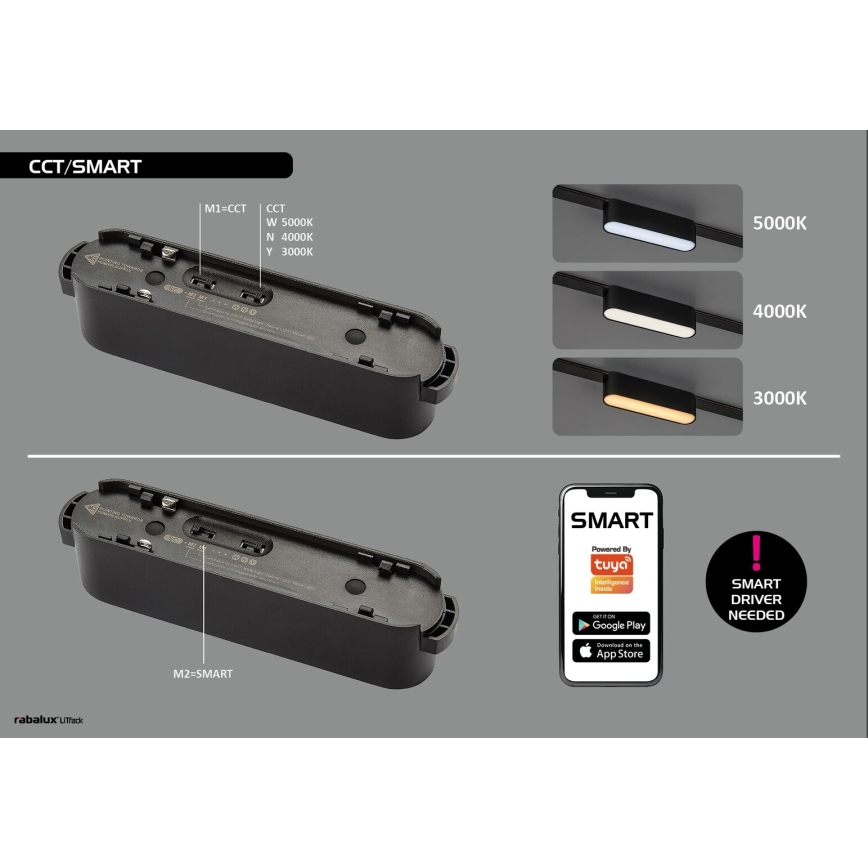 Rabalux - LED Plafón regulable para sistema de raíles monofásico LED/12W/24V 2700-5500K Wi-Fi Tuya 22 cm negro