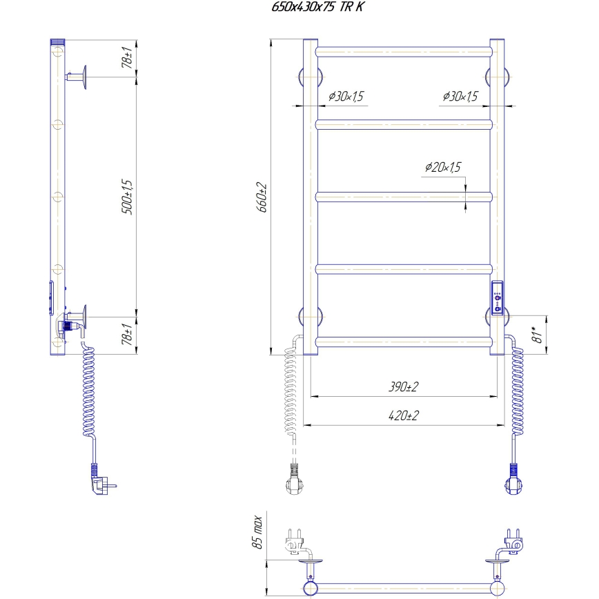 Radiador toallero CLASSIC para baño 65W/230V 66x42 cm acero inoxidable/blanco, derecho