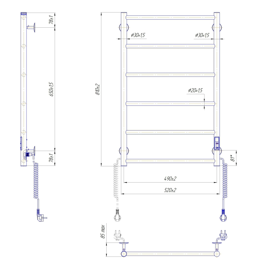 Radiador toallero de baño CLASSIC 110W/230V 81x52 cm acero inoxidable/antracita lado derecho