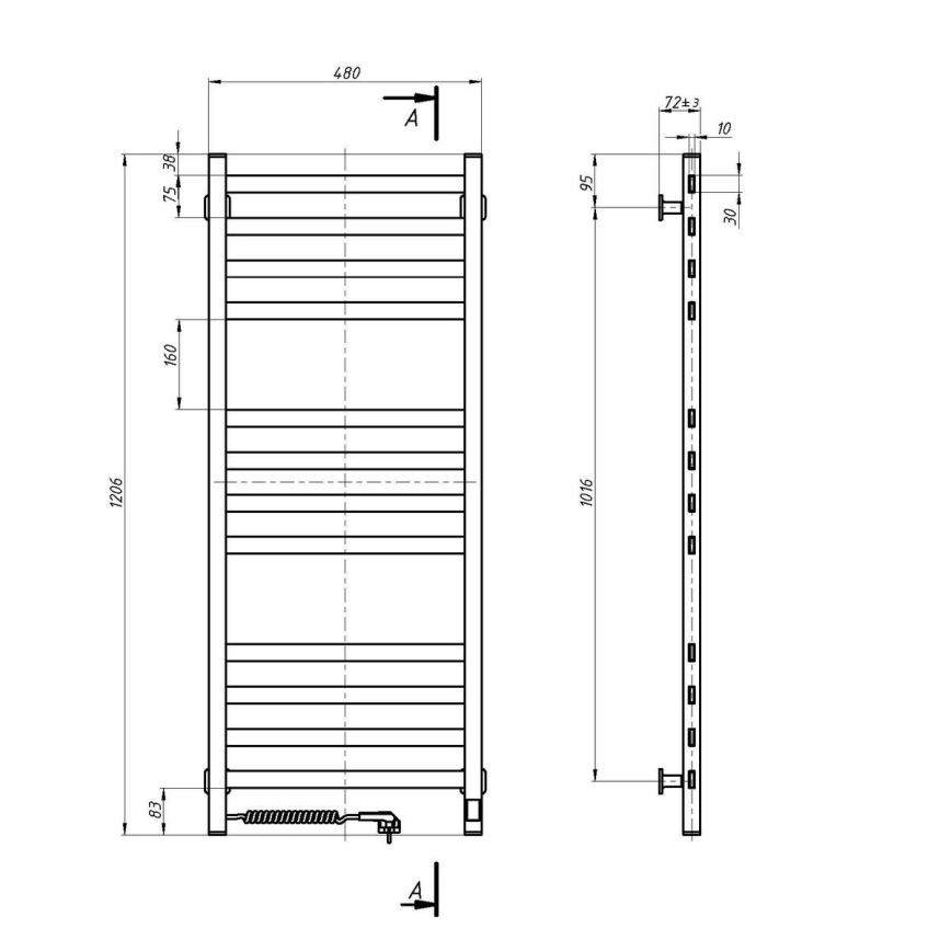 Radiador toallero de baño con termostato AVANGARD 227W 120x48cm blanco izquierdo