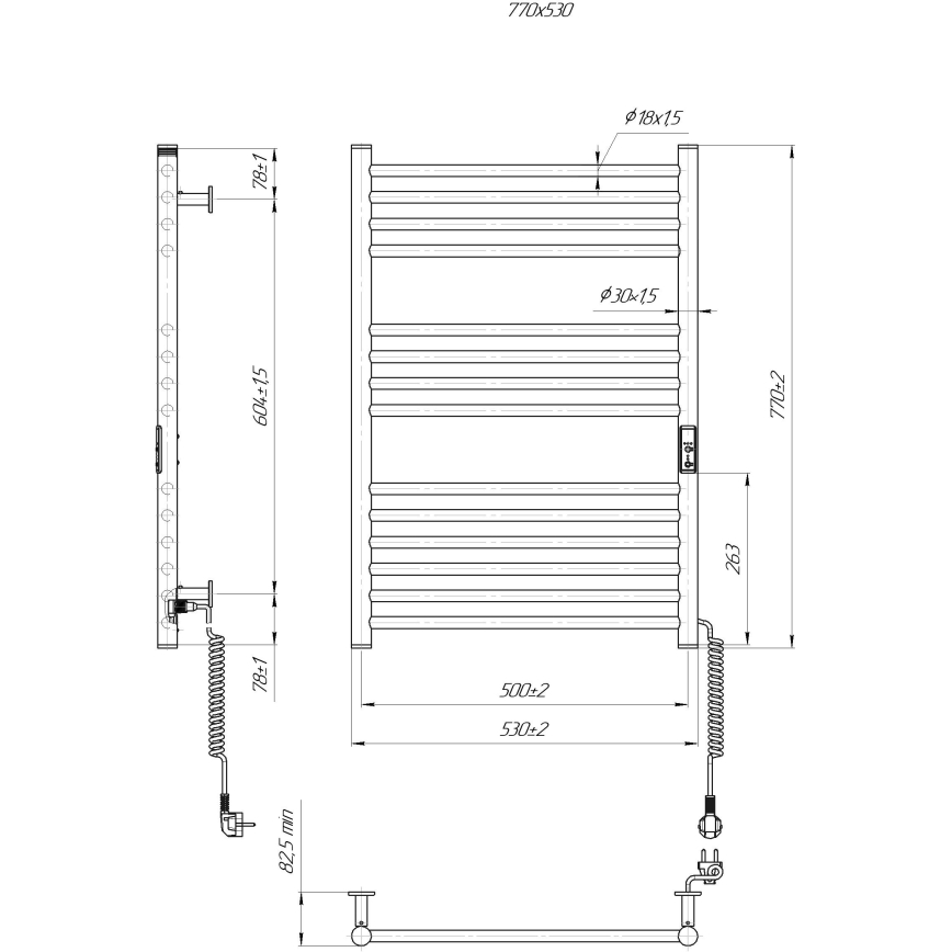 Radiador toallero de baño HF GREENWICH 170W/230V 77x53 cm, negro, conexión derecha, tubos redondeados