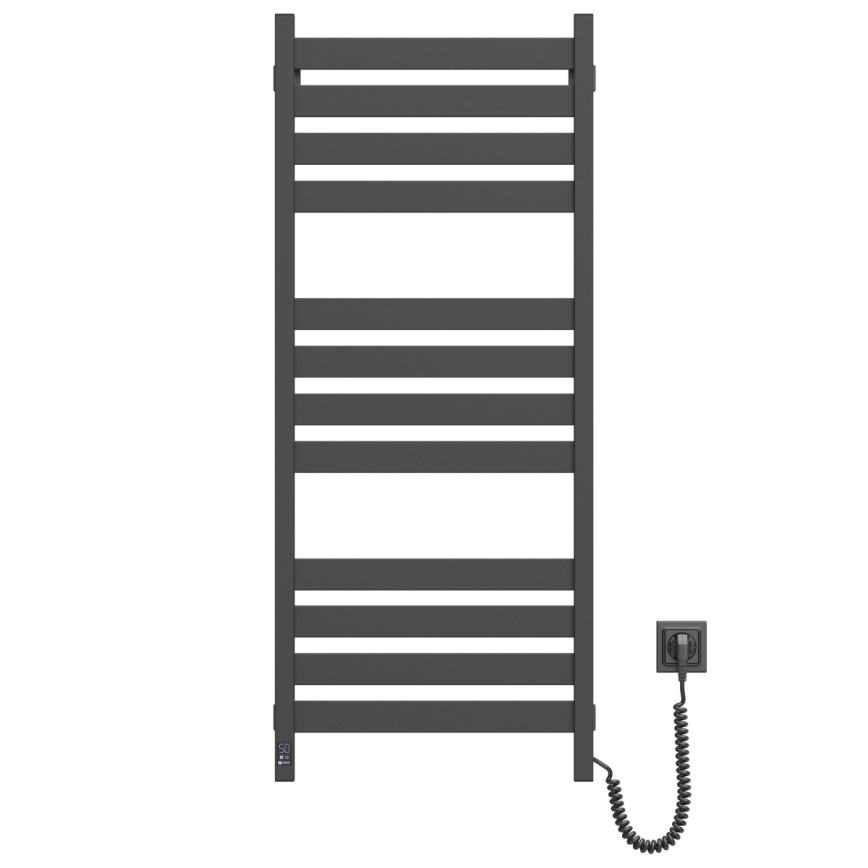 Radiador toallero de baño LARGO con termostato 256W 120x50 cm, negro, conexión derecha