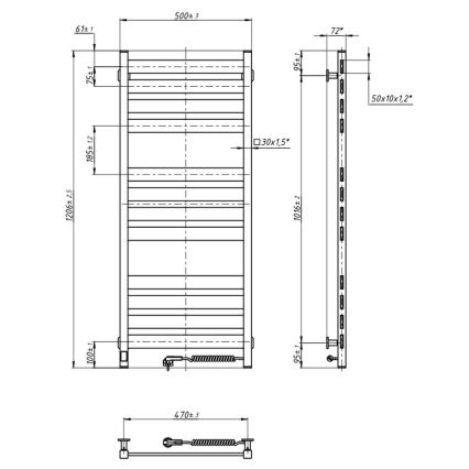 Radiador toallero de baño LARGO con termostato 256W 120x50 cm, negro, conexión derecha