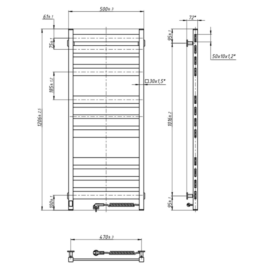 Radiador toallero de baño LARGO con termostato 256W 120x50 cm, negro, conexión derecha