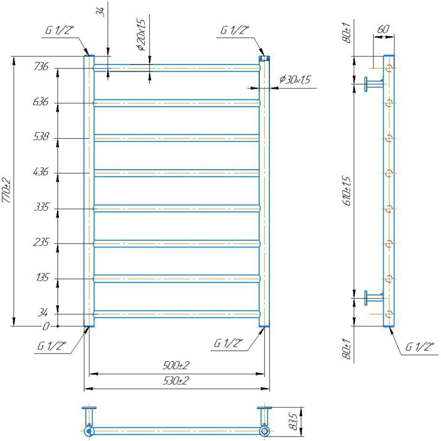 Radiador toallero de escalera para baño INOX FLAT 163W/230V 77x53 cm acero inoxidable/negro