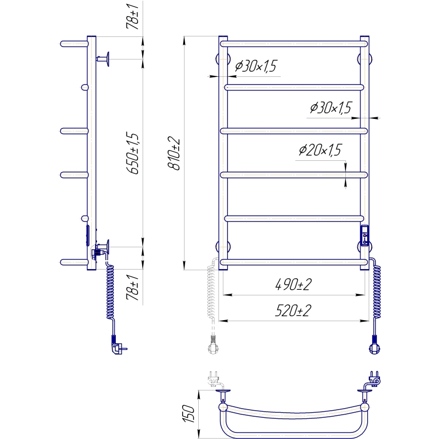 Radiador toallero de escalera para baño LUX 105W/230V 81x52 cm acero inoxidable/antracita derecha