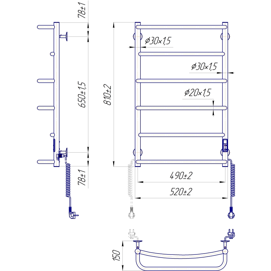 Radiador toallero de escalera para baño LUX 105W/230V 81x52 cm, acero inoxidable/negro, lado derecho