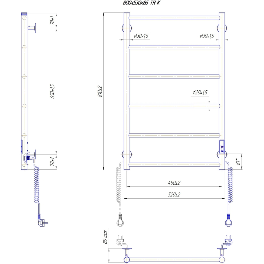 Radiador toallero para baño CLASSIC 110W/230V 81x52 cm acero inoxidable/blanco lado derecho