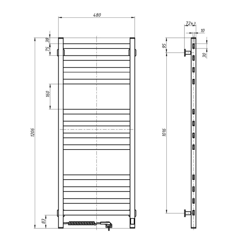Radiador toallero para baño con termostato AVANGARD 227 W 120 x 48 cm, negro, conexión derecha