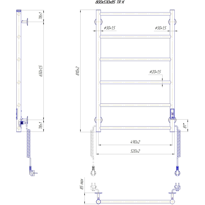 Radiador toallero tipo escalera para baño CLASSIC 110W/230V 81x52 cm acero inoxidable/negro, conexión derecha