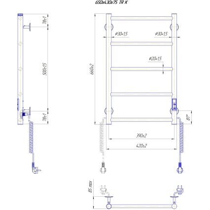 Radiador toallero tipo escalera para baño CLASSIC 65W/230V 66x42 cm acero inoxidable/negro versión derecha