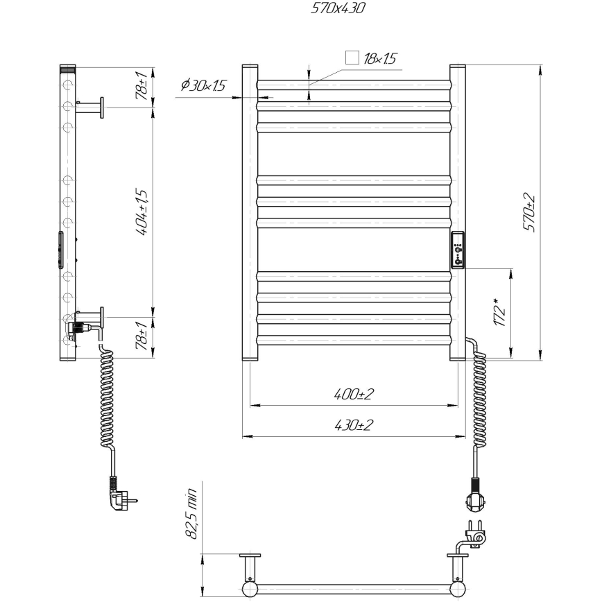 Radiador toallero tipo escalera para baño HF GREENWICH 100W/230V 57x43 cm, negro, conexión derecha, tubos redondos