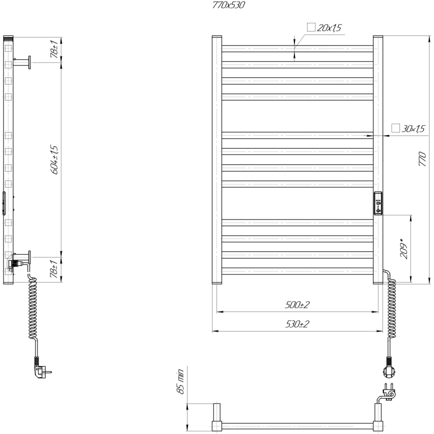 Radiador toallero tipo escalera para baño HF LONDON 165W/230V 77x53 cm, negro, lado derecho