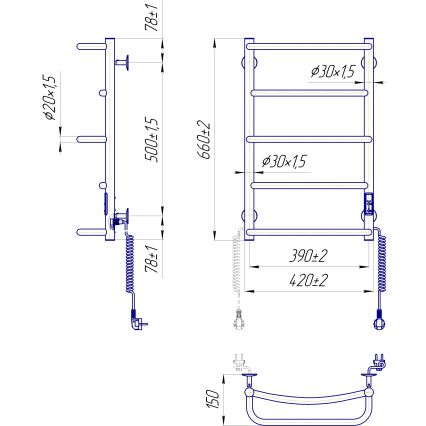Radiador toallero tipo escalera para baño LUX 65W/230V 66x42 cm acero inoxidable/antracita lado derecho