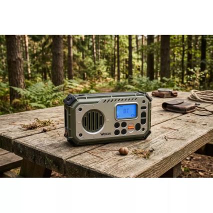 Radio de camping con manivela, panel solar y linterna LED con función de banco de energía 5V/3xAAA/2000 mAh IPX4 verde