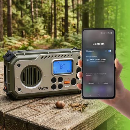 Radio de camping con manivela, panel solar y linterna LED con función de banco de energía 5V/3xAAA/2000 mAh IPX4 verde