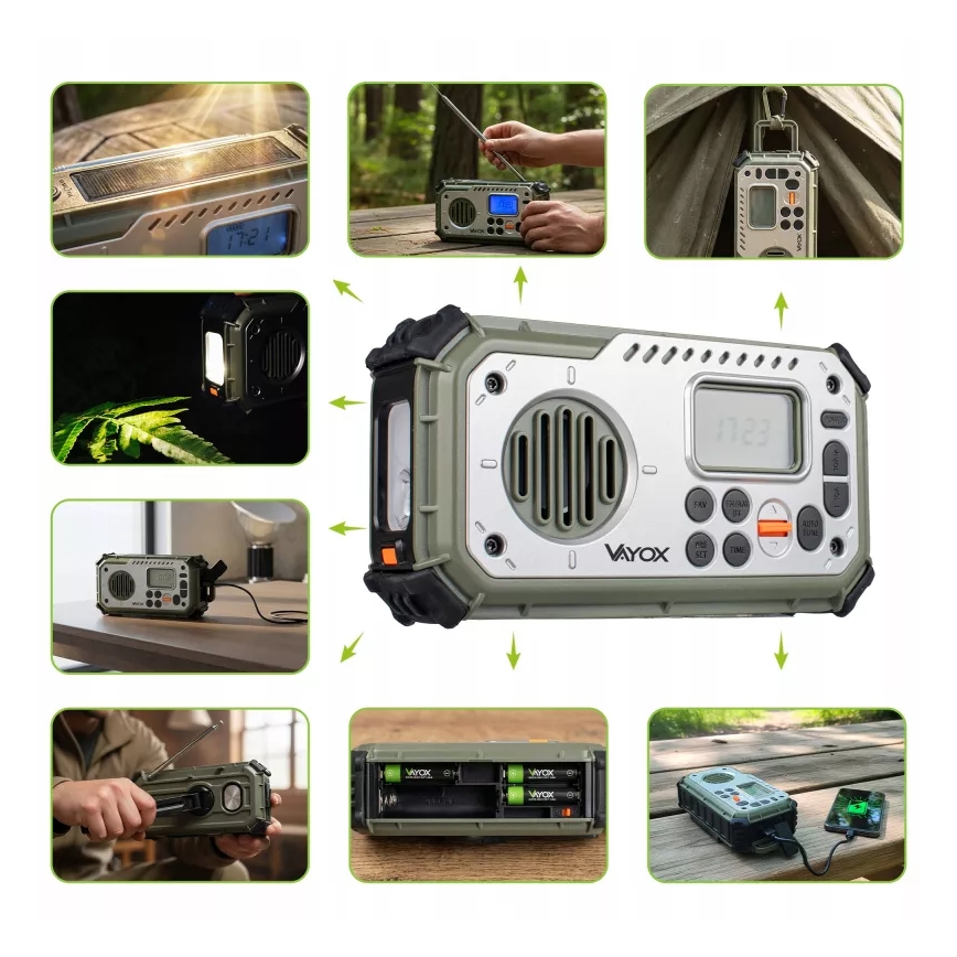 Radio de camping con manivela, panel solar y linterna LED con función de banco de energía 5V/3xAAA/2000 mAh IPX4 verde