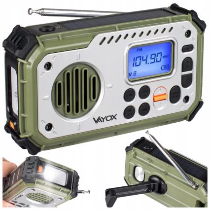 Radio de camping con manivela, panel solar y linterna LED con función de banco de energía 5V/3xAAA/2000 mAh IPX4 verde