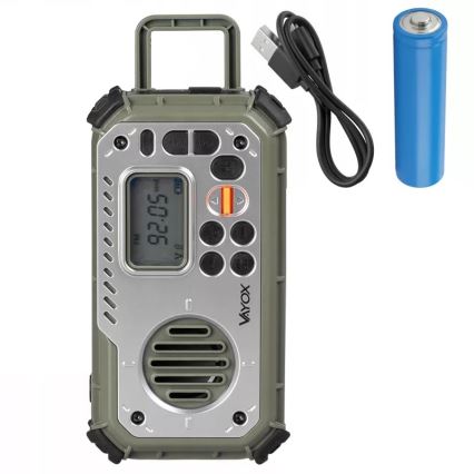 Radio de camping con manivela, panel solar y linterna LED con función de banco de energía 5V/3xAAA/2000 mAh IPX4 verde