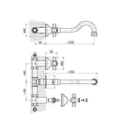 RAV Slezák MK131SM - Grifo para lavabo de instalación empotrada MORAVA RETRO, latón envejecido