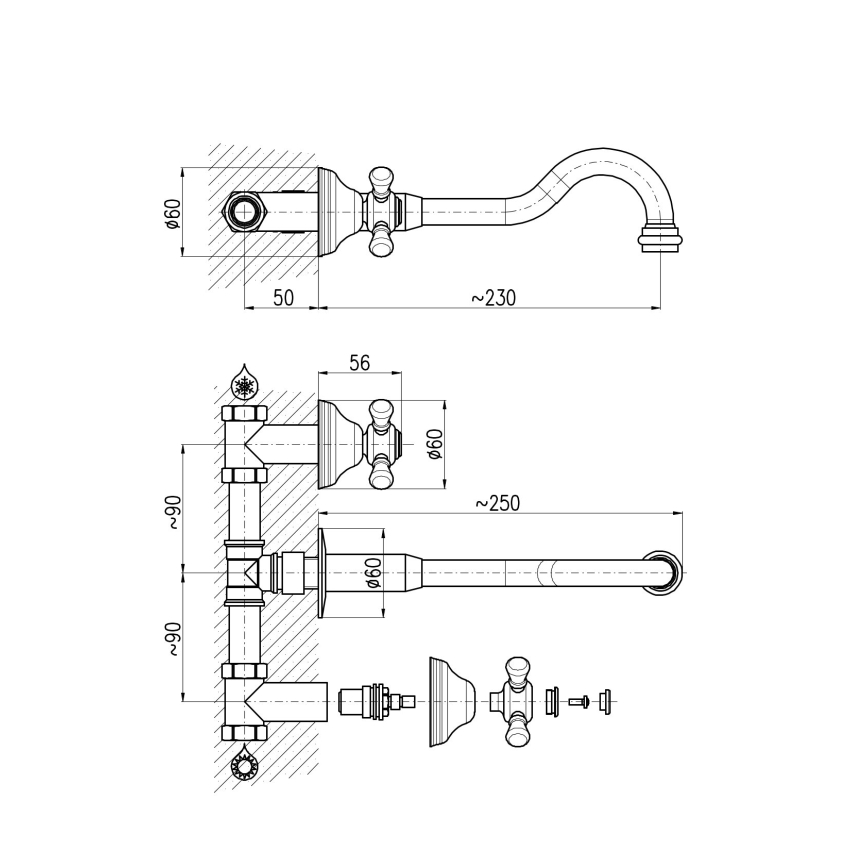 RAV Slezák MK131SM - Grifo para lavabo de instalación empotrada MORAVA RETRO, latón envejecido