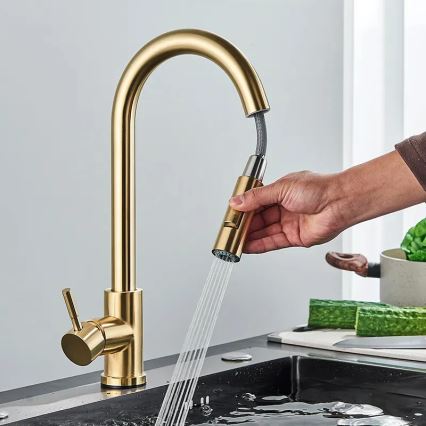 REA-B0669 - Grifo de fregadero FRESH con rociador extraíble de 39,5 cm, acabado dorado