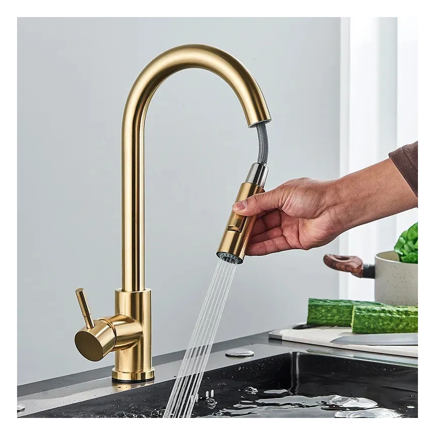 REA-B0669 - Grifo de fregadero FRESH con rociador extraíble de 39,5 cm, acabado dorado