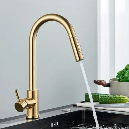 REA-B0669 - Grifo de fregadero FRESH con rociador extraíble de 39,5 cm, acabado dorado