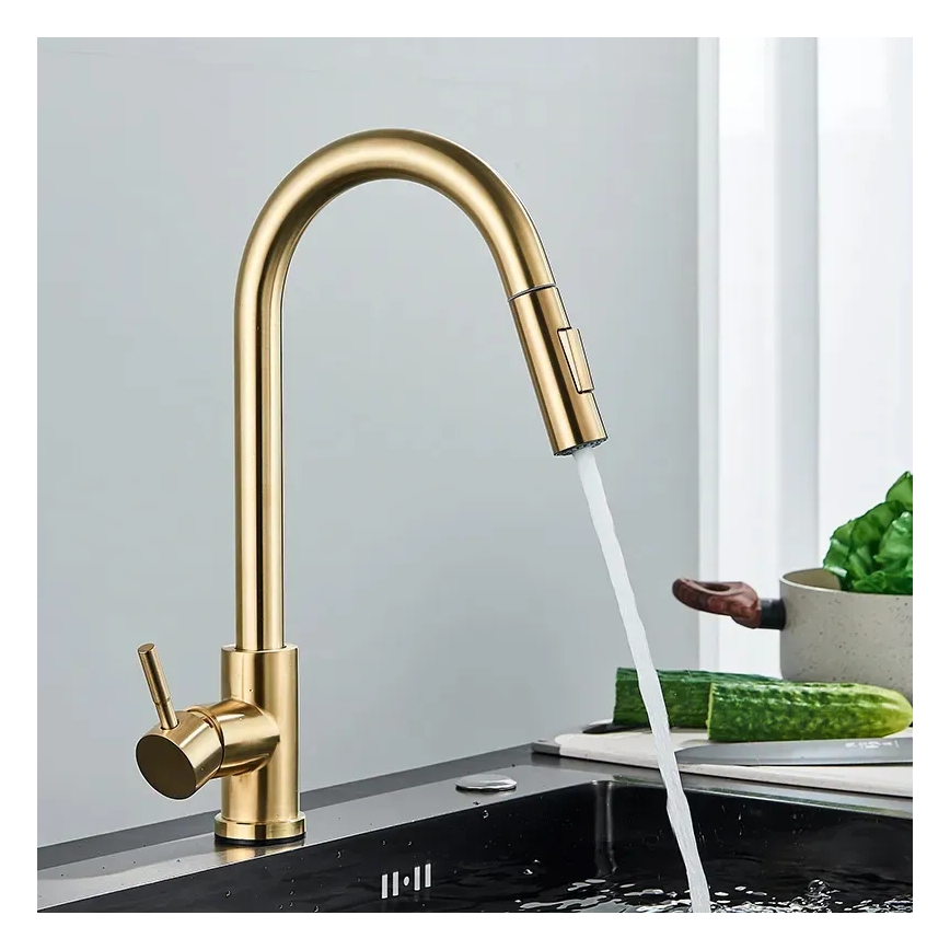 REA-B0669 - Grifo de fregadero FRESH con rociador extraíble de 39,5 cm, acabado dorado