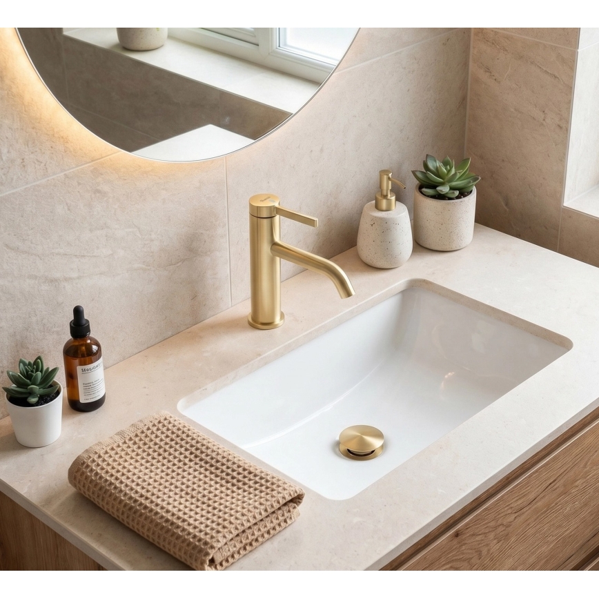 REA-B6533 - Grifo para lavabo RIVO, 16,5 cm, acabado oro cepillado