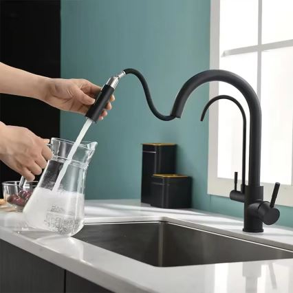 REA-B7564 - Grifo de fregadero con cabezal extraíble y sistema de filtración ECO FRESH, 37,5 cm, negro mate
