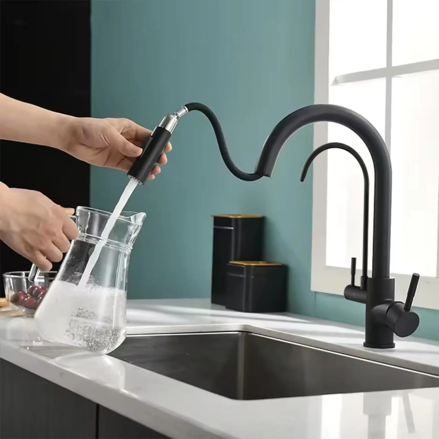 REA-B7564 - Grifo de fregadero con cabezal extraíble y sistema de filtración ECO FRESH, 37,5 cm, negro mate