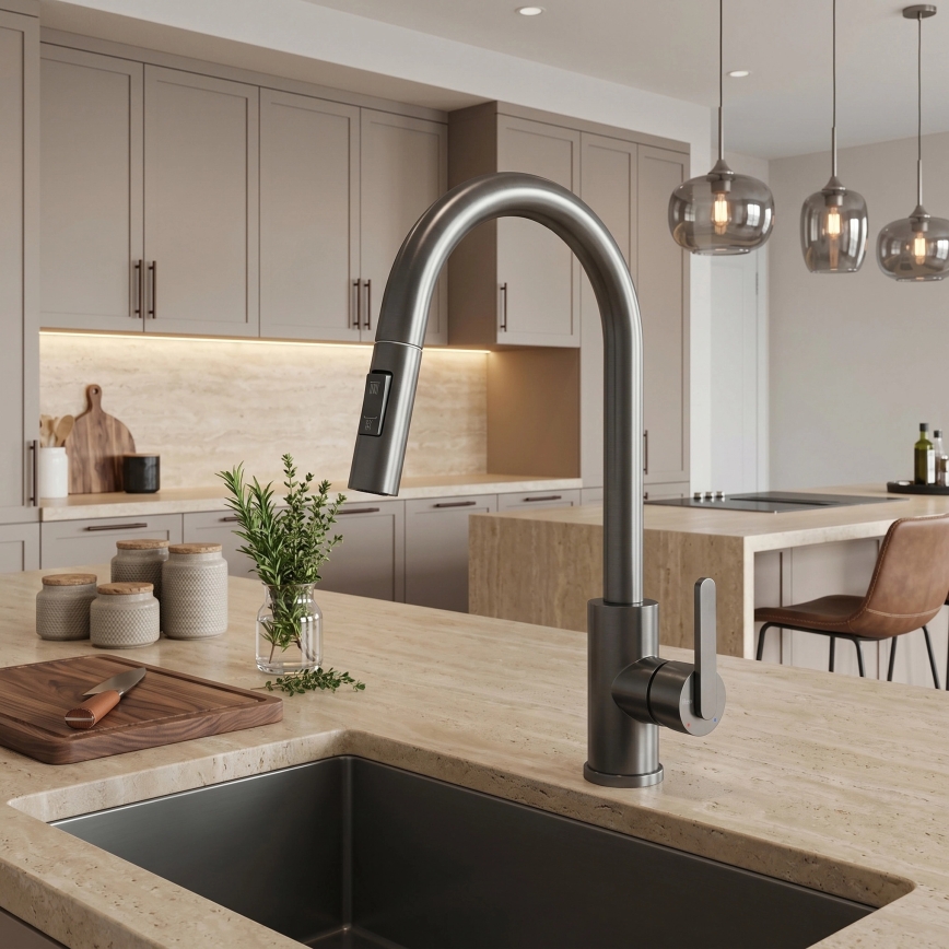 REA-B7574 - Grifo de cocina con cabezal extraíble ONTARIO 38 cm, acabado titanio