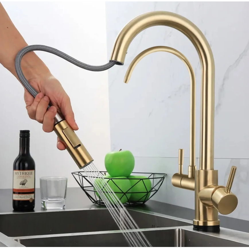 REA-B7596 - Grifo para fregadero con rociador extraíble y filtración ECO FRESH, 37,5 cm, acabado en oro cepillado