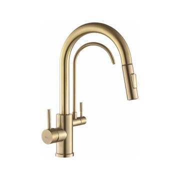 REA-B7596 - Grifo para fregadero con rociador extraíble y filtración ECO FRESH, 37,5 cm, acabado en oro cepillado