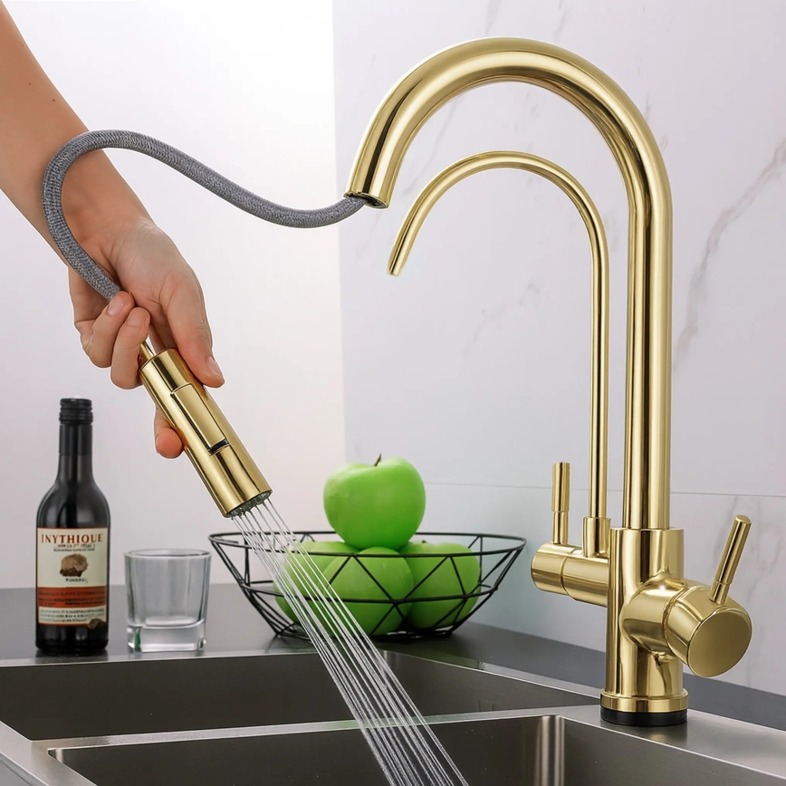 REA-B8989 - Grifo de fregadero con rociador extraíble y filtro ECO FRESH, 37,5 cm, dorado