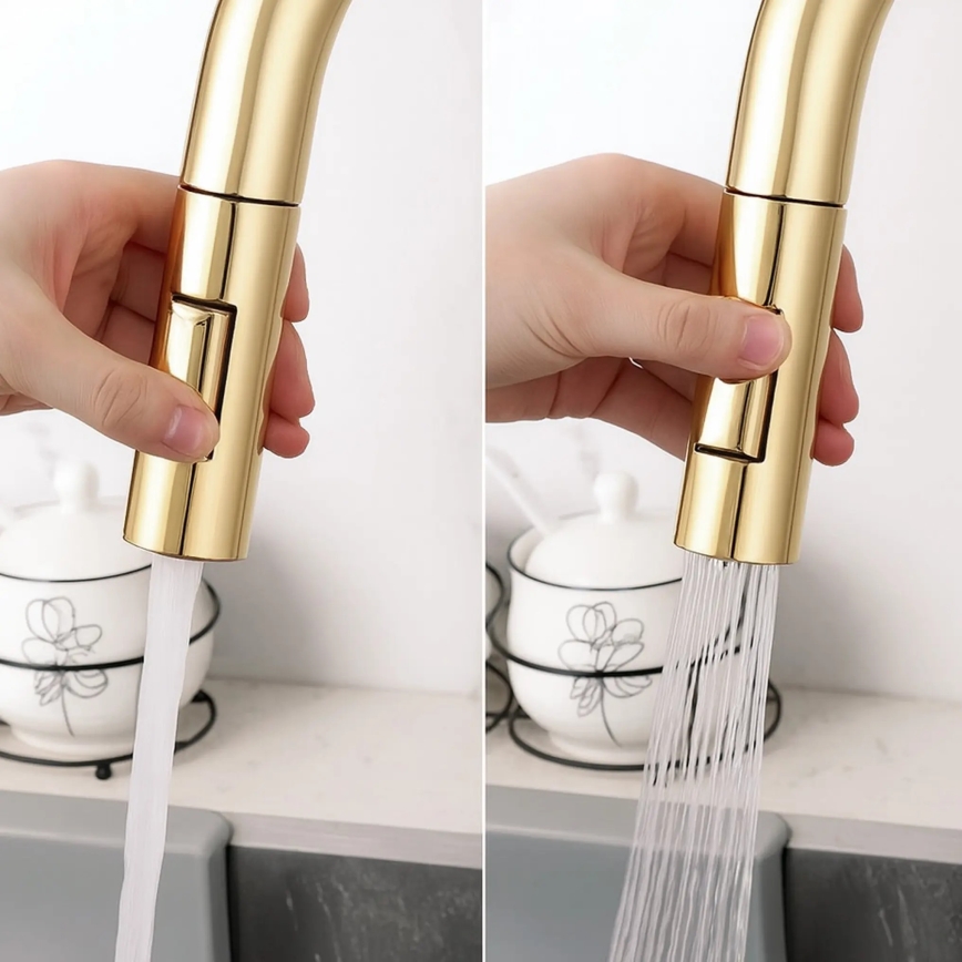 REA-B8989 - Grifo de fregadero con rociador extraíble y filtro ECO FRESH, 37,5 cm, dorado