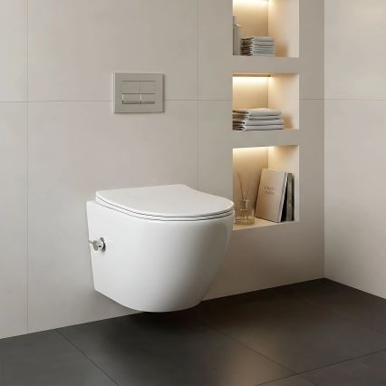 REA-C9701 - Inodoro suspendido CARLO LUX con rociador de bidé y asiento, cerámica/blanco