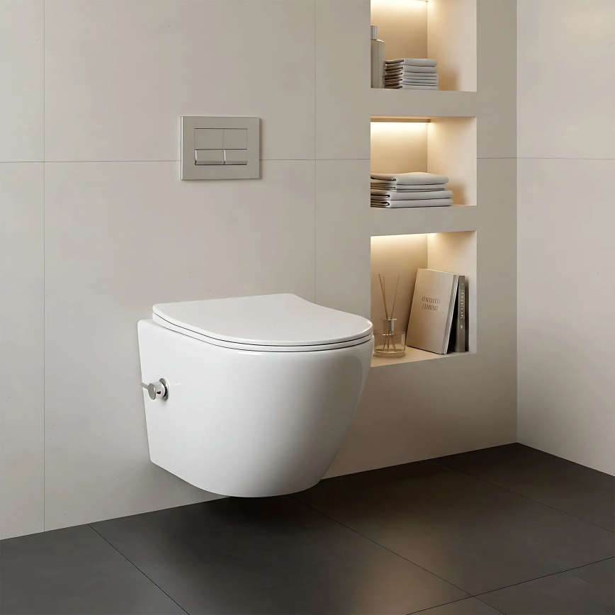 REA-C9701 - Inodoro suspendido CARLO LUX con rociador de bidé y asiento, cerámica/blanco