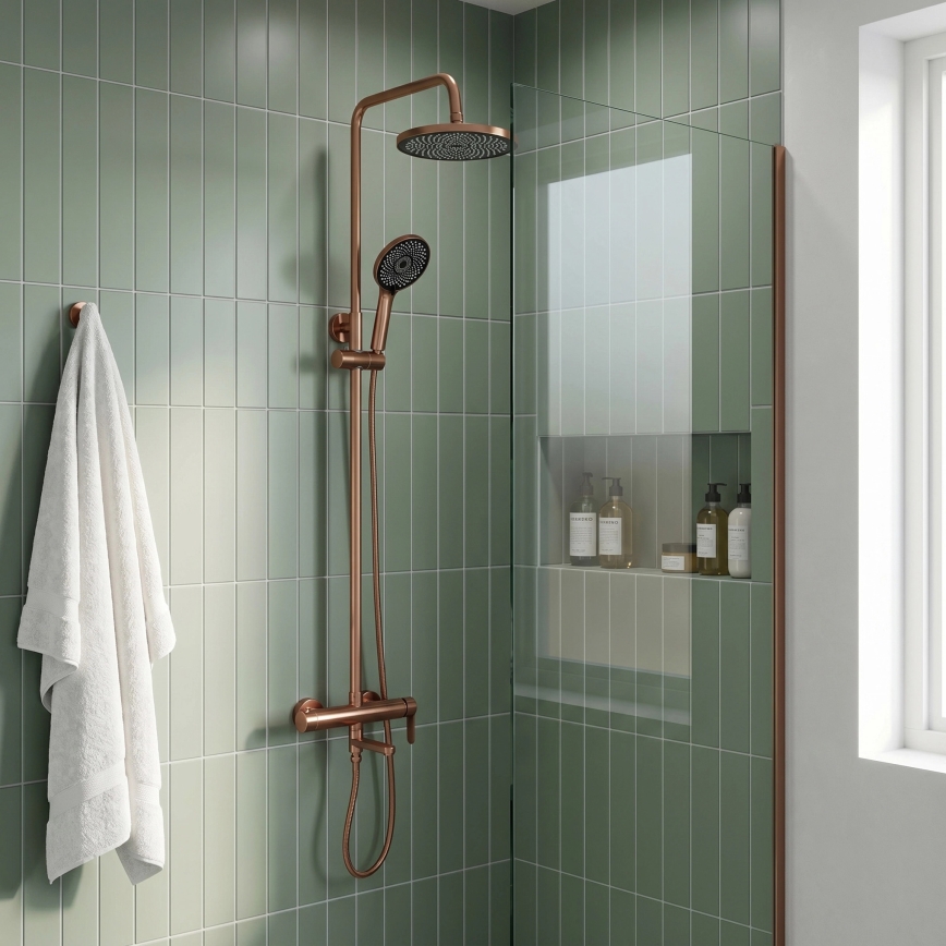 REA-P8715 - Set de ducha con grifería ARCOS en cobre cepillado