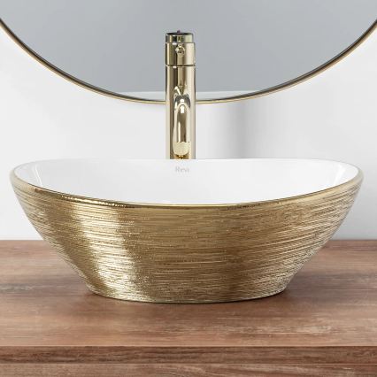 REA-U3697 - Lavabo de encimera SOFIA 34,5x41 cm cerámica/blanco/dorado cepillado