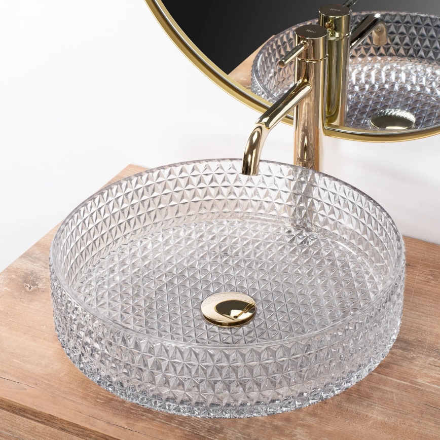 REA-U8881 - Lavabo de encimera CRISTAL, Ø 39 cm, vidrio transparente