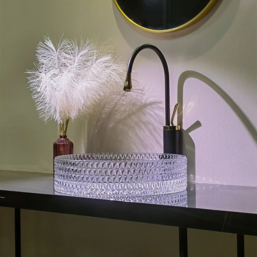 REA-U8881 - Lavabo de encimera CRISTAL, Ø 39 cm, vidrio transparente
