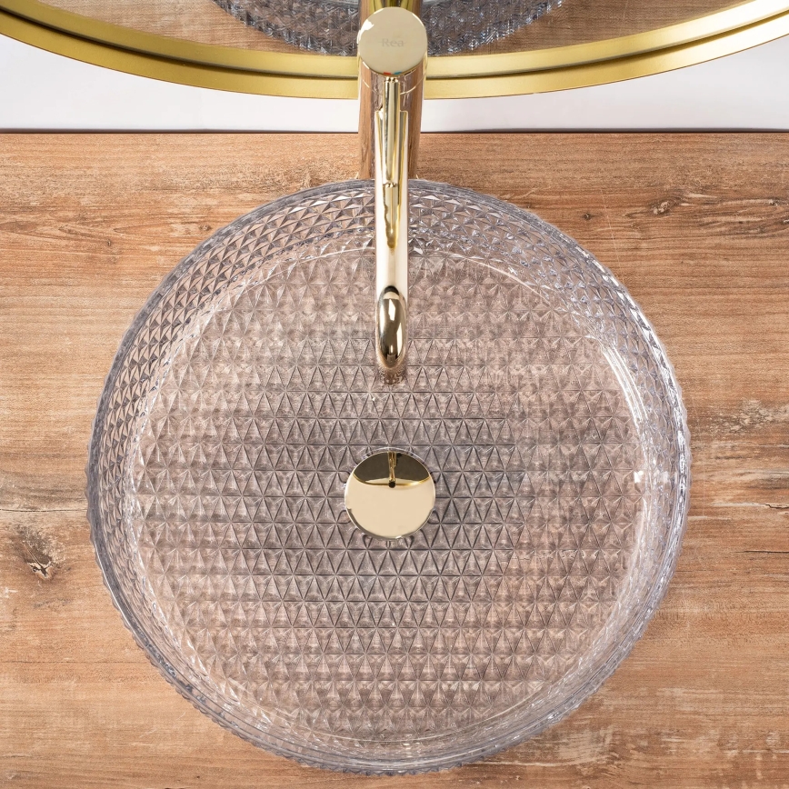 REA-U8881 - Lavabo de encimera CRISTAL, Ø 39 cm, vidrio transparente