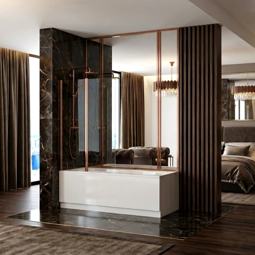 REA-W5696 - Mampara plegable para bañera AGAT 140 x 80 cm, cobre cepillado/vidrio transparente