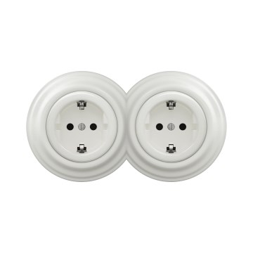 Reblig - Enchufe doble de estilo retro para hogar con marco SCHUKO 230 V, cerámica blanca