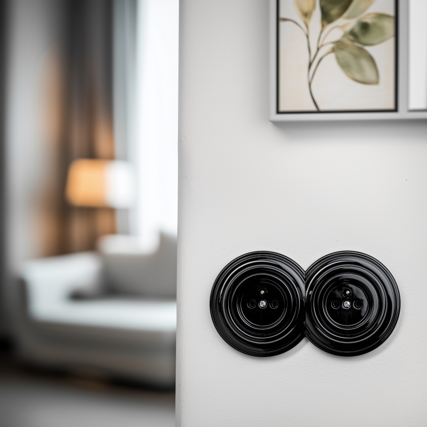 Reblig - Enchufe doble de estilo retro para uso doméstico con marco n.º 1, negro