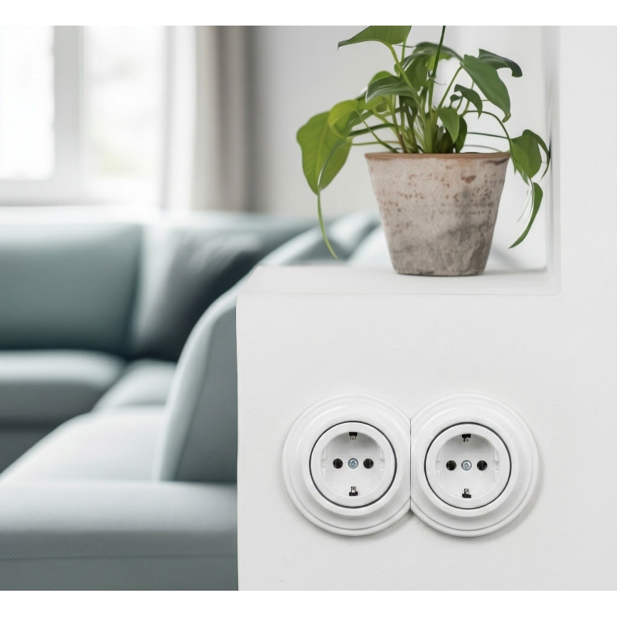 Reblig - Enchufe doble retro para uso doméstico con marco SCHUKO 230V, blanco nieve