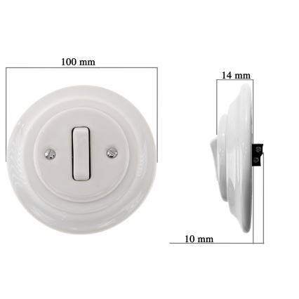 Reblig - Interruptor retro de porcelana, unipolar, con marco para timbre, blanco